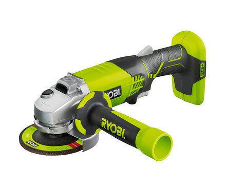 Ein grüner und schwarzer Ryobi 18 V One+ Akku-Winkelschleifer »R18AG-0« mit Seitengriff.