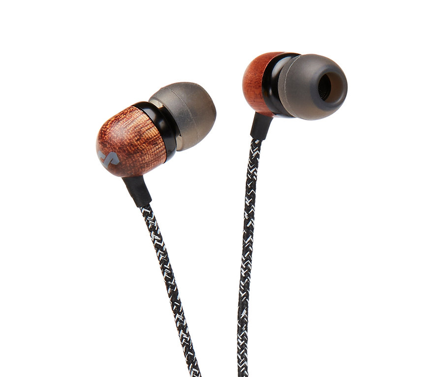 Detailaufnahme von zwei schwarzen House of Marley Bluetooth®-Wireless-Kopfhörern »Smile Jamaica Wireless 2« mit Holzelementen.