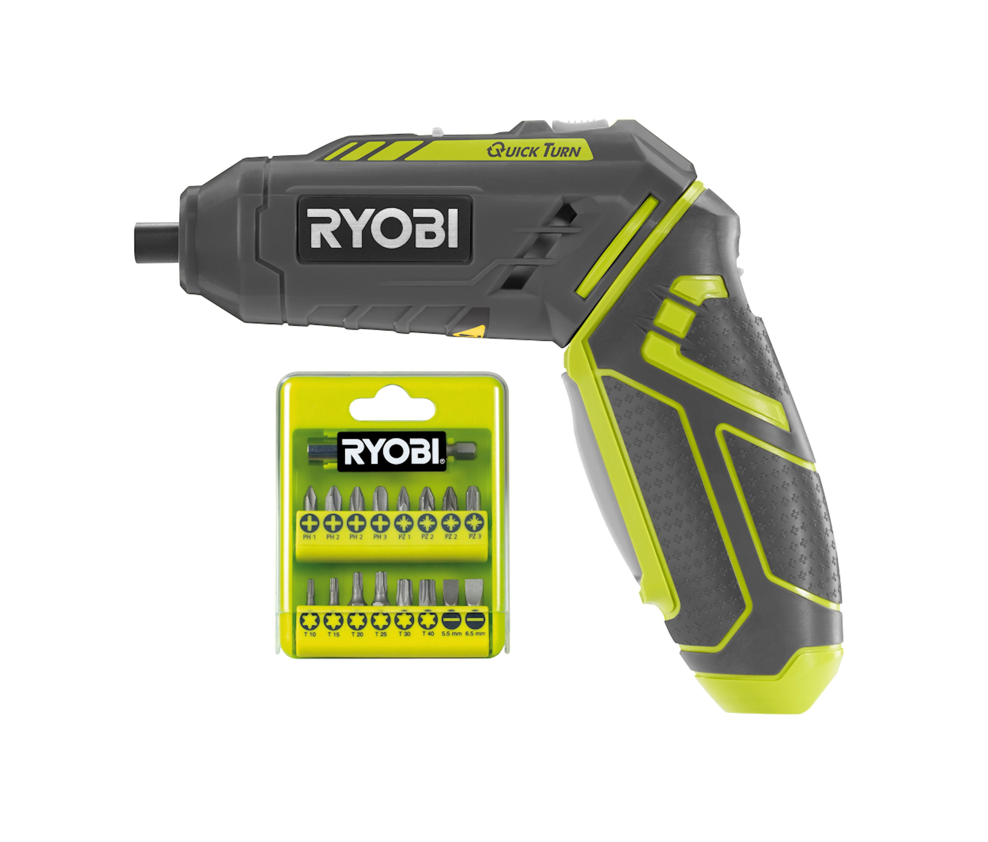 Grauer Ryobi Akkuschrauber und Bit-Set.