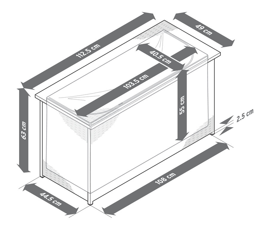 Abmessungen der Auflagenbox mit Polyrattangeflecht.