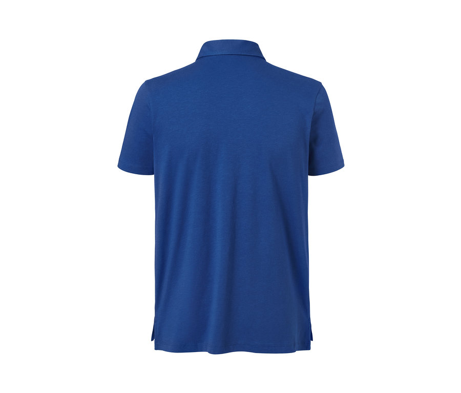 Rückansicht eines azurblauen Jersey-Poloshirts.