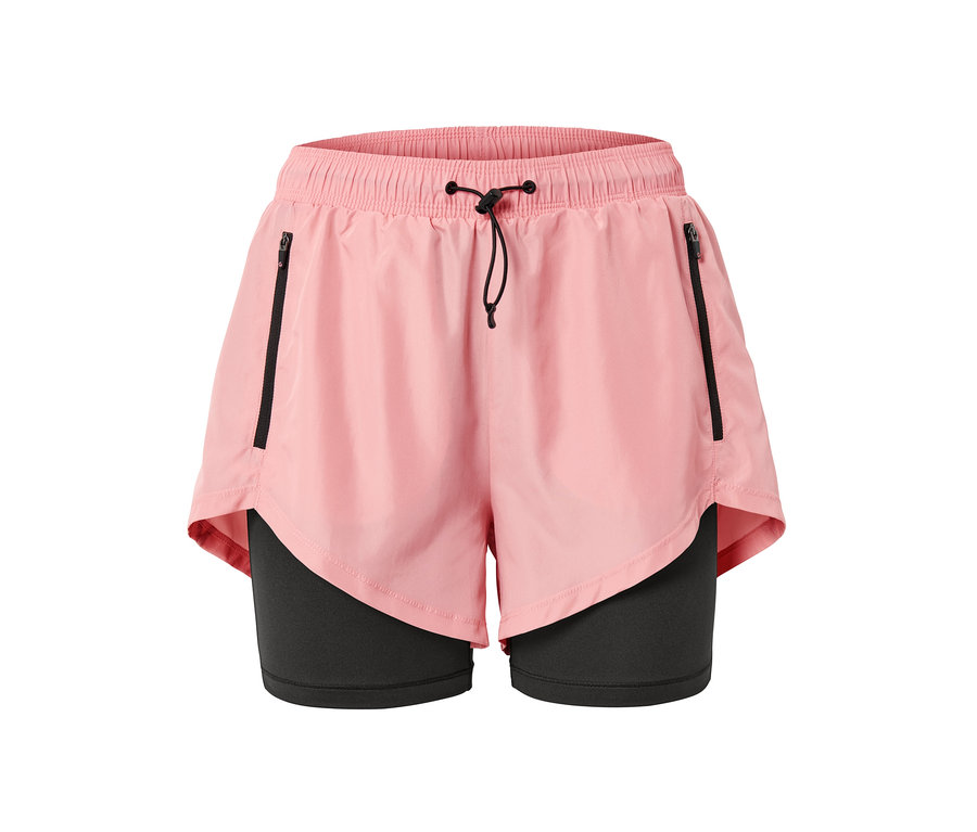 Rosa 2-in-1-Laufshorts mit schwarzen Reißverschlüssen und Kordelzug.