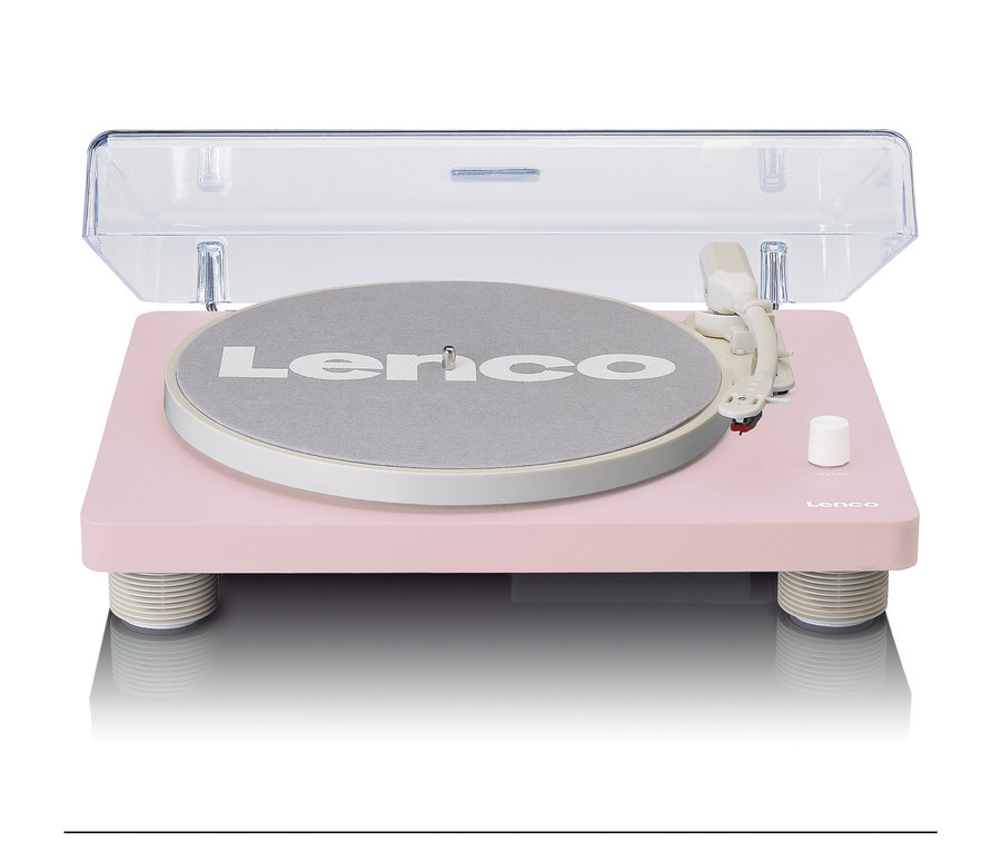 Rosa Lenco Plattenspieler »LS-50PK« mit integrierten Lautsprechern, transparenter Abdeckung und grauem Plattenteller.
