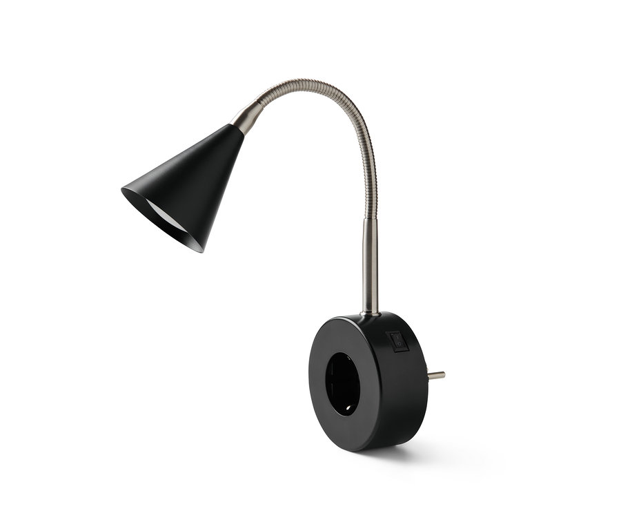Eine schwarze LED-Schwenkleuchte mit flexiblem, silbernem Arm und Steckdose.