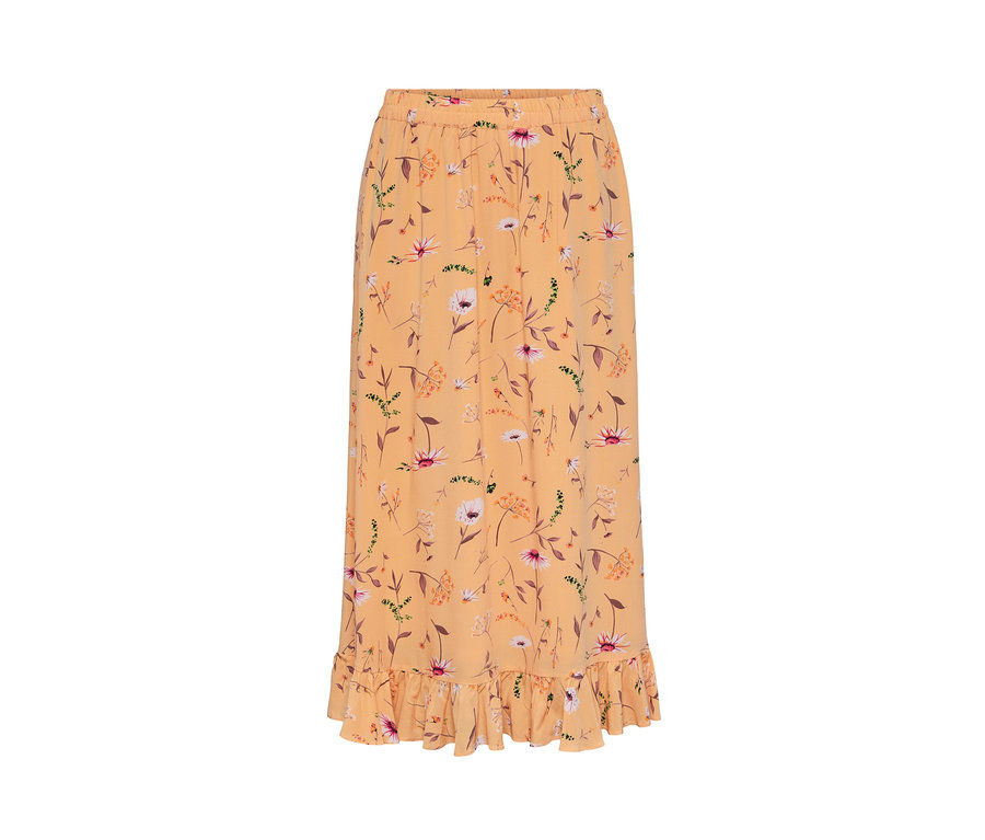 Pfirsichfarbener Rock mit Blumenmuster.