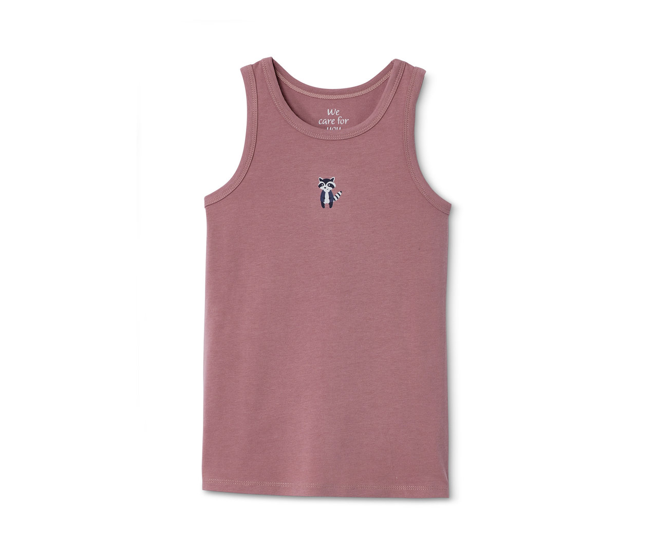 Ein rosafarbenes Mädchen-Unterhemd mit einem Waschbären-Motiv.