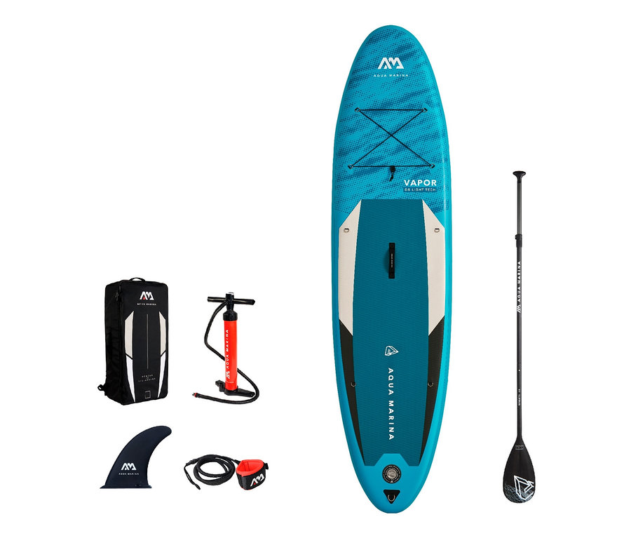 Aqua Marina SUP-Board Vapor mit Zubehör, inklusive Paddel, Pumpe und Tasche.