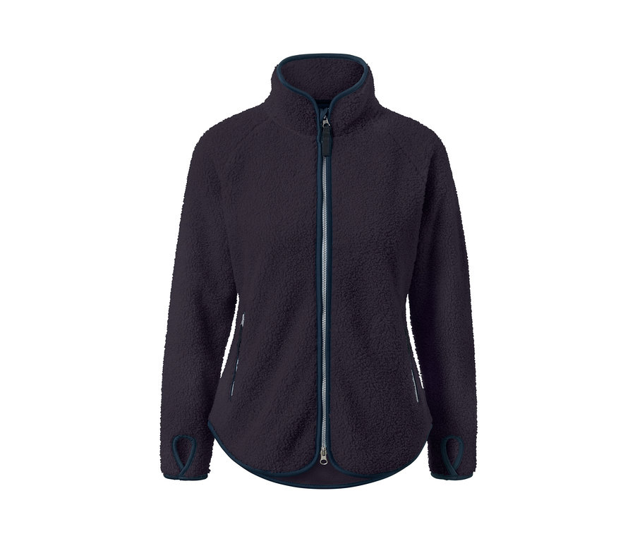 Marineblaue Teddyjacke mit Reißverschluss in der Mitte.