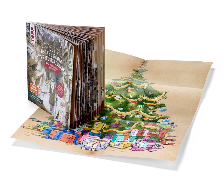 Ein aufgeschlagenes Buch »Der Escape Room Adventskalender – eine Weihnachtsgeschichte« steht auf einem aufgefalteten Papier mit der Illustration eines Weihnachtsbaums und Geschenken.