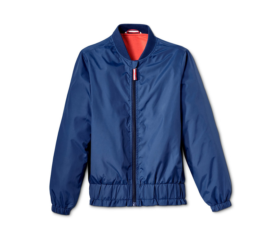 Blaue Recycelte Bomberjacke mit Reißverschluss.
