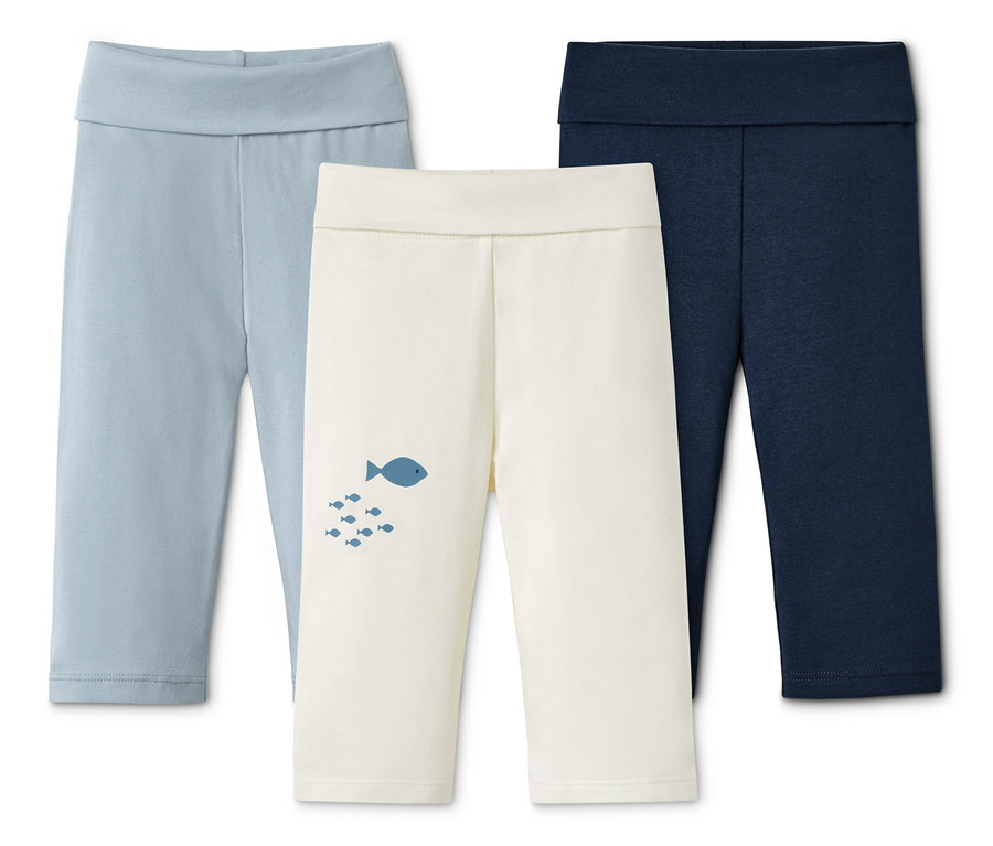 Drei Baby Jerseyhosen in Blau, Creme und Dunkelblau.