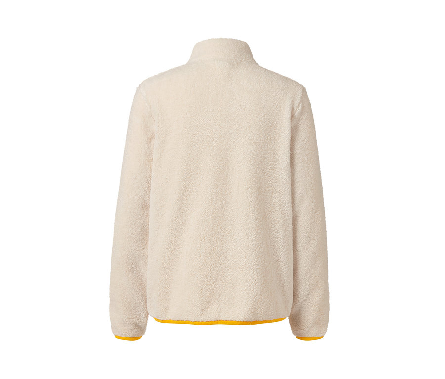 Beiger Teddy-Pullover mit langen Ärmeln und gelbem Saum.