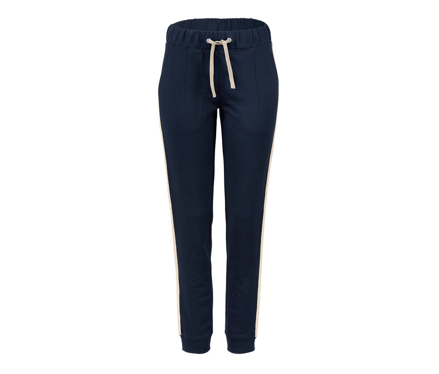 Dunkelblaue Joggpants mit beigen Streifen an den Seiten.