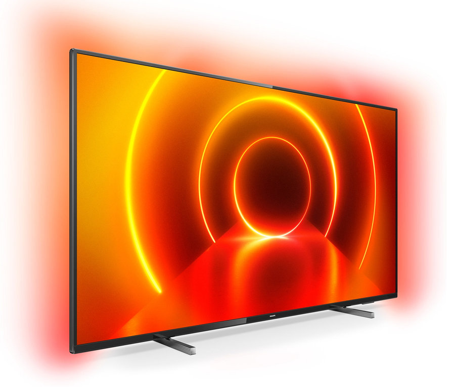 Ein schwarzer 65-Zoll Philips 4K-UHD-LED-Smart-TV mit Ambilight steht vor einem weißen Hintergrund.
