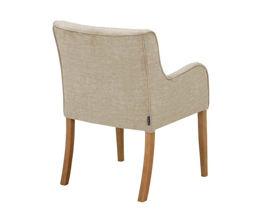 Rückansicht des beige gepolsterten Stuhls »Leopold« mit Armlehnen.