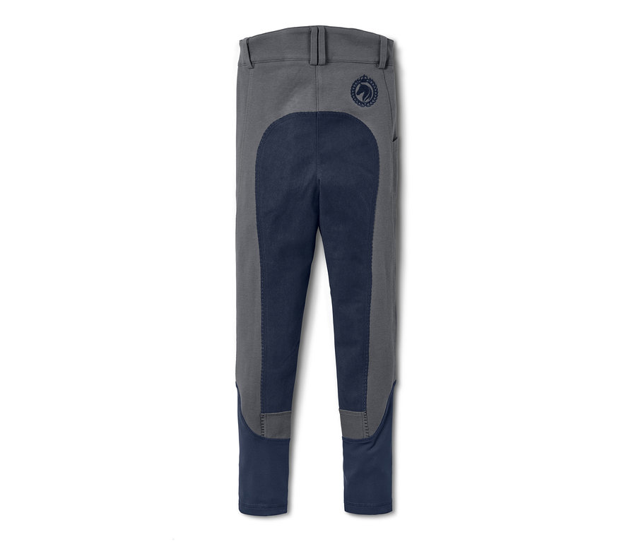 Graue Vollbesatzreithose mit dunkelblauem Vollbesatz.