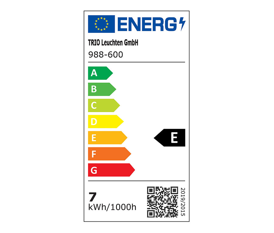Energieetikett für Dreibein-Stehleuchte mit Energieeffizienzklassen von A bis G, wobei E mit einem schwarzen Pfeil gekennzeichnet ist.