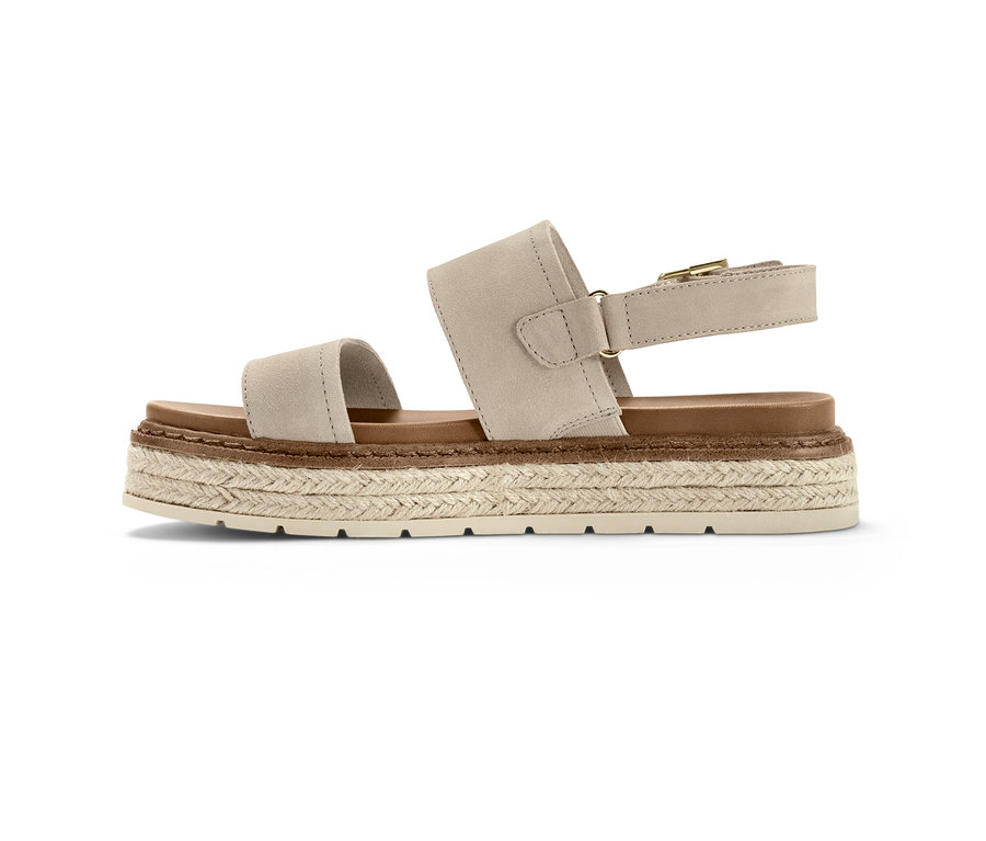 Beige Plateau-Sandale aus Leder mit brauner Sohle.