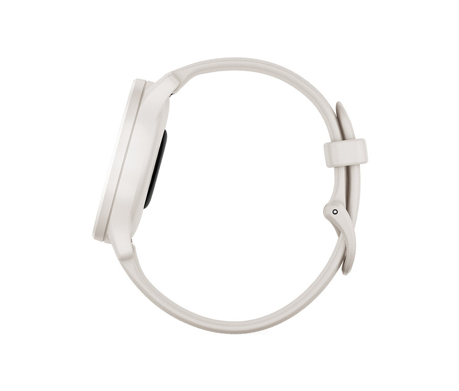 Nahaufnahme einer elfenbein-perlgoldfarbenen Smartwatch.