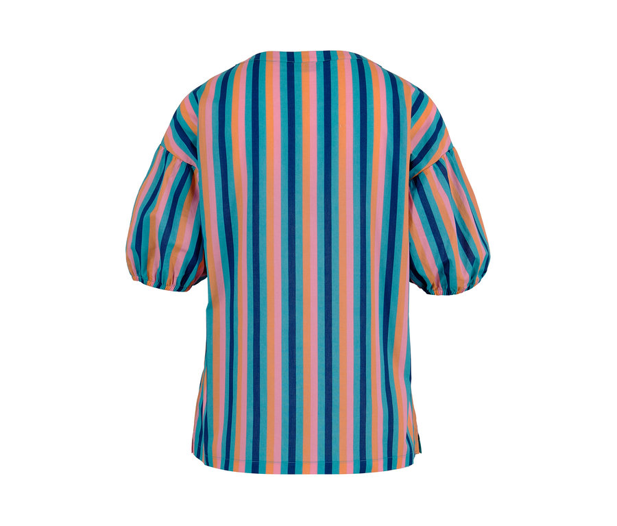 Gestreifte Bluse mit Puffärmeln in Blau, Rosa und Orange.