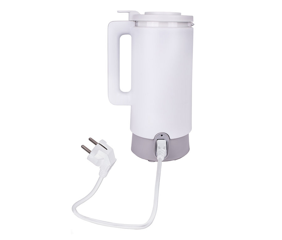 Weißer Vegan-Drink-Maker mit grauem Sockel und weißem Stecker.