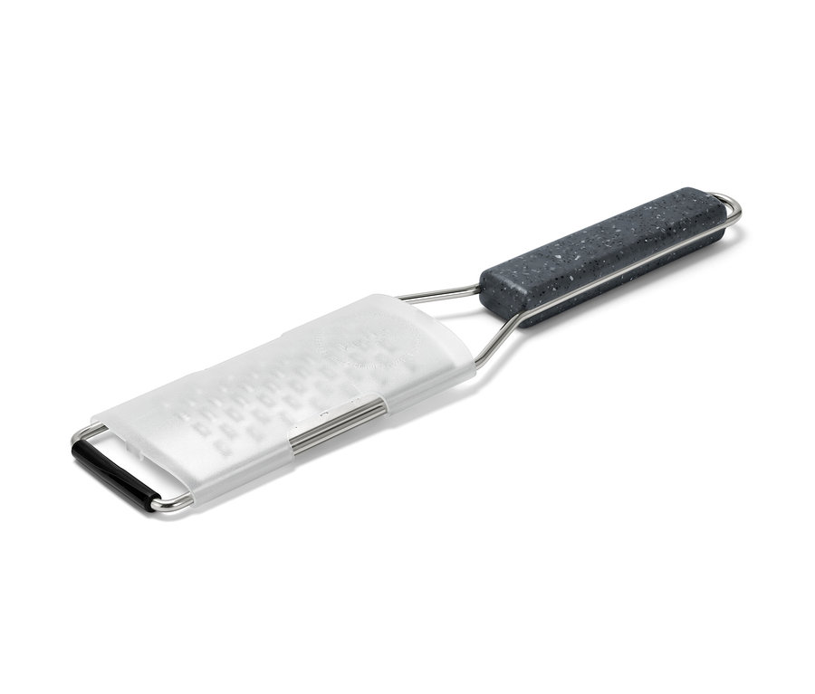 Grobe Handreibe mit grauem Griff und durchsichtiger Abdeckung.