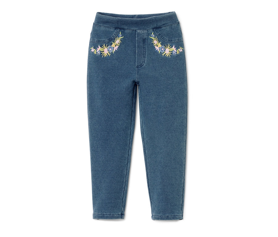 Blaue Kinder-Jeggings – Fit »Mia« mit Blumenstickerei auf den Taschen.