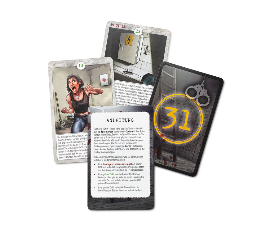 Vier Spielkarten eines Escape-Spiels mit verschiedenen Abbildungen.