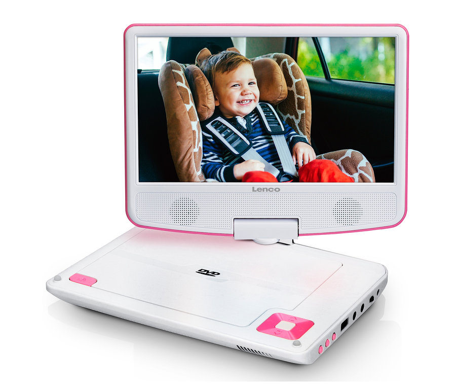 Ein Junge sitzt in einem Autositz und schaut einen tragbaren Lenco DVD-Player »DVP-920PK« von Lenco.