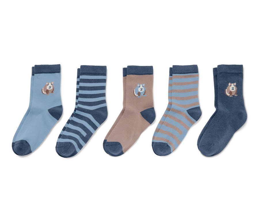 Fünf Paar blaue Kleinkind-Socken mit verschiedenen Mustern.
