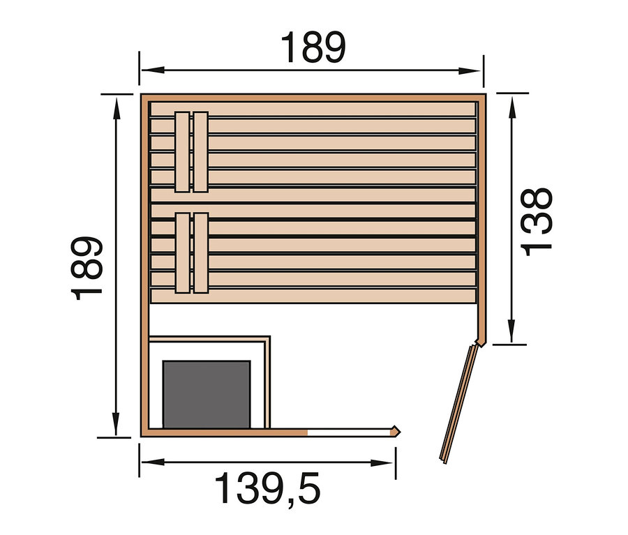 Diagramm der weka Massivholzsauna, Martti BioS mit Abmessungen.