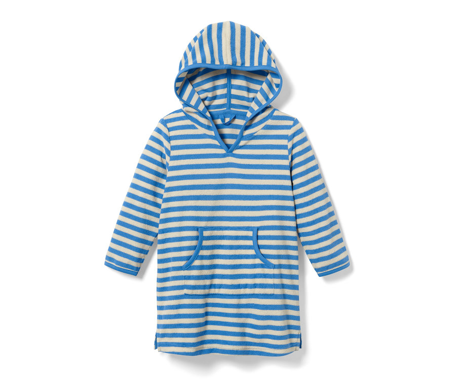 Ein blau-weiß gestreifter Kinder-Frottierponcho mit Kapuze und Tasche.