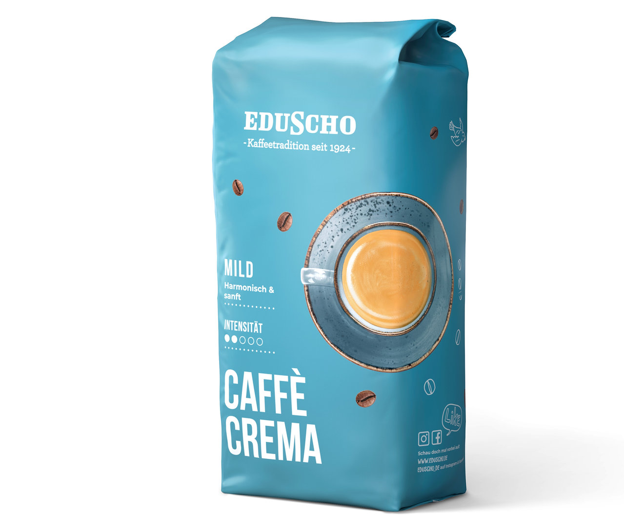 Eine Packung Eduscho Caffè Crema Mild mit einer Abbildung einer Tasse Kaffee.