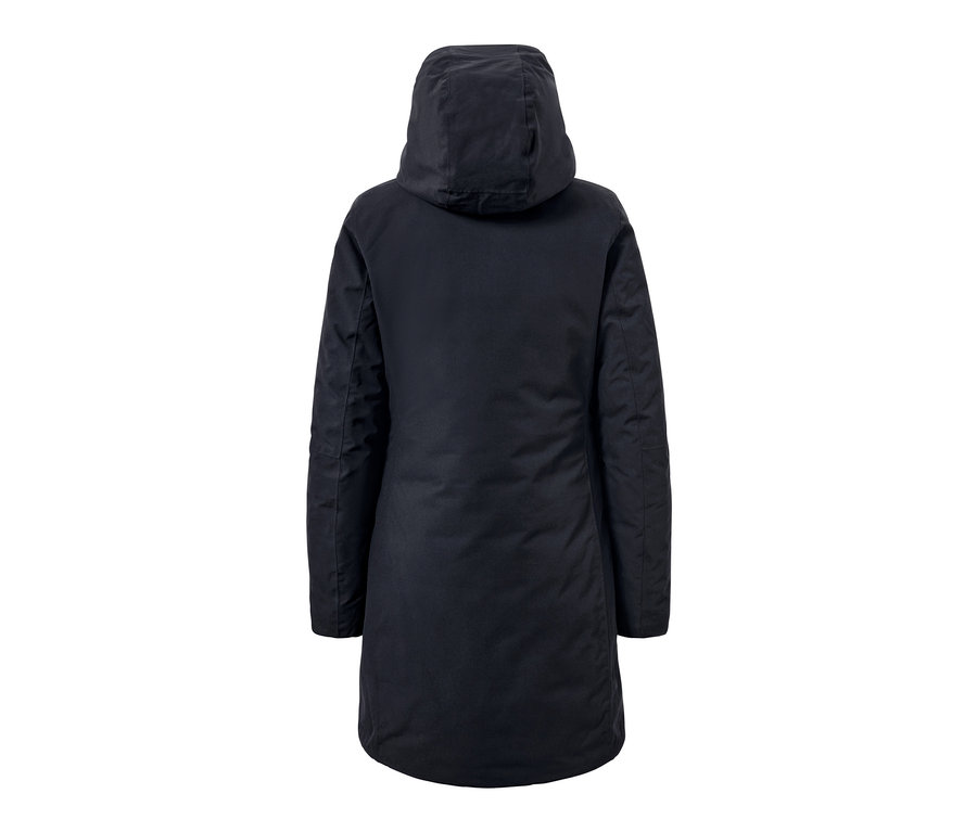 Rückansicht eines dunkelblauen Thermo-Mantels.