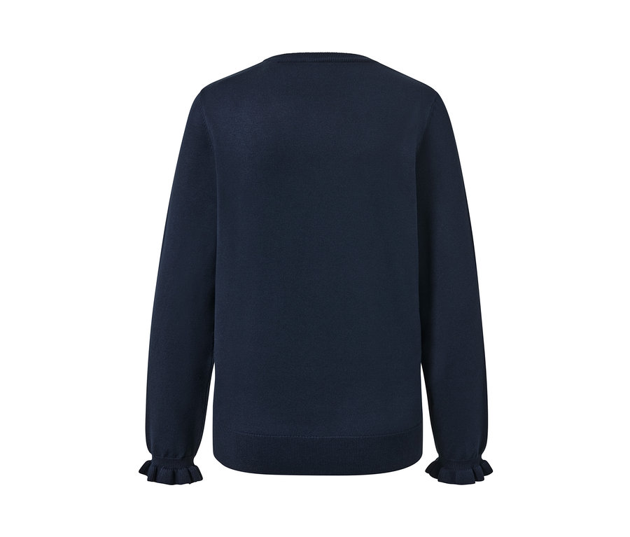 Dunkelblauer Feinstrickpullover mit Rüschendetail.
