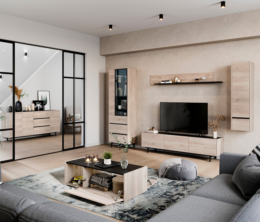 Wohnzimmer mit grauem Sofa, Couchtisch »Cantoria«, Fernseher, Lowboard »Cantonia« mit 3 Klappen, Vitrine »Cantoria«, Hängeschrank »Cantoria« und Wandboard »Cantoria«.