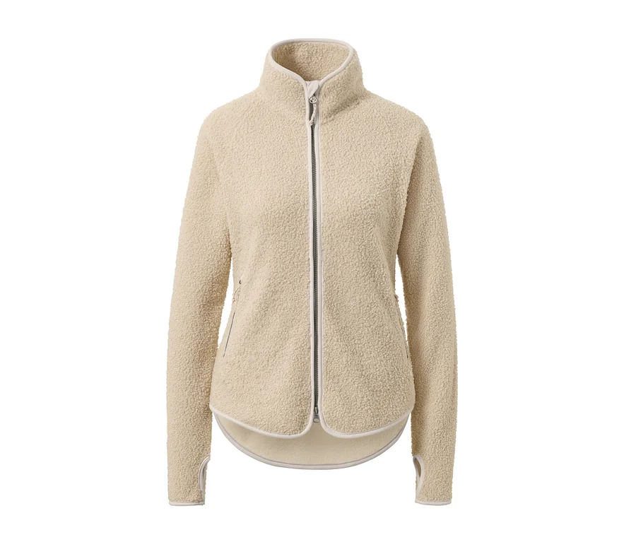 Offwhite Teddy-Jacke mit Reißverschluss, langen Ärmeln und Daumenlöchern.