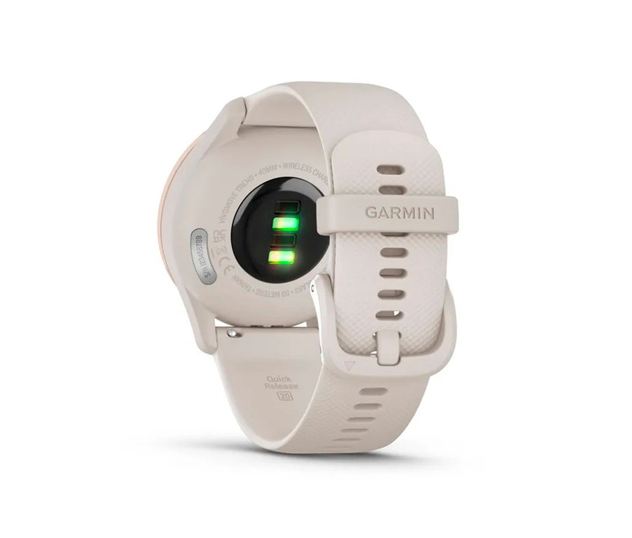 Detail der Unterseite einer perlgoldenen GARMIN vivomove Trend Uhr, die den Herzfrequenzsensor und das Armband zeigt.
