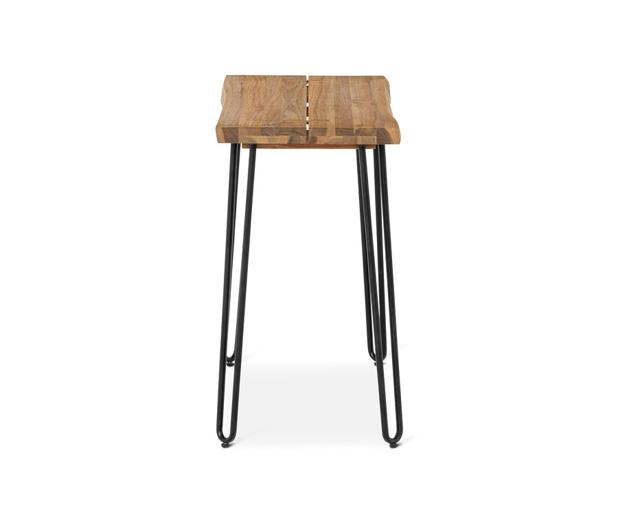 Ein Konsolentisch mit natürlichen Holzbohlen und schwarzen Metallbeinen.