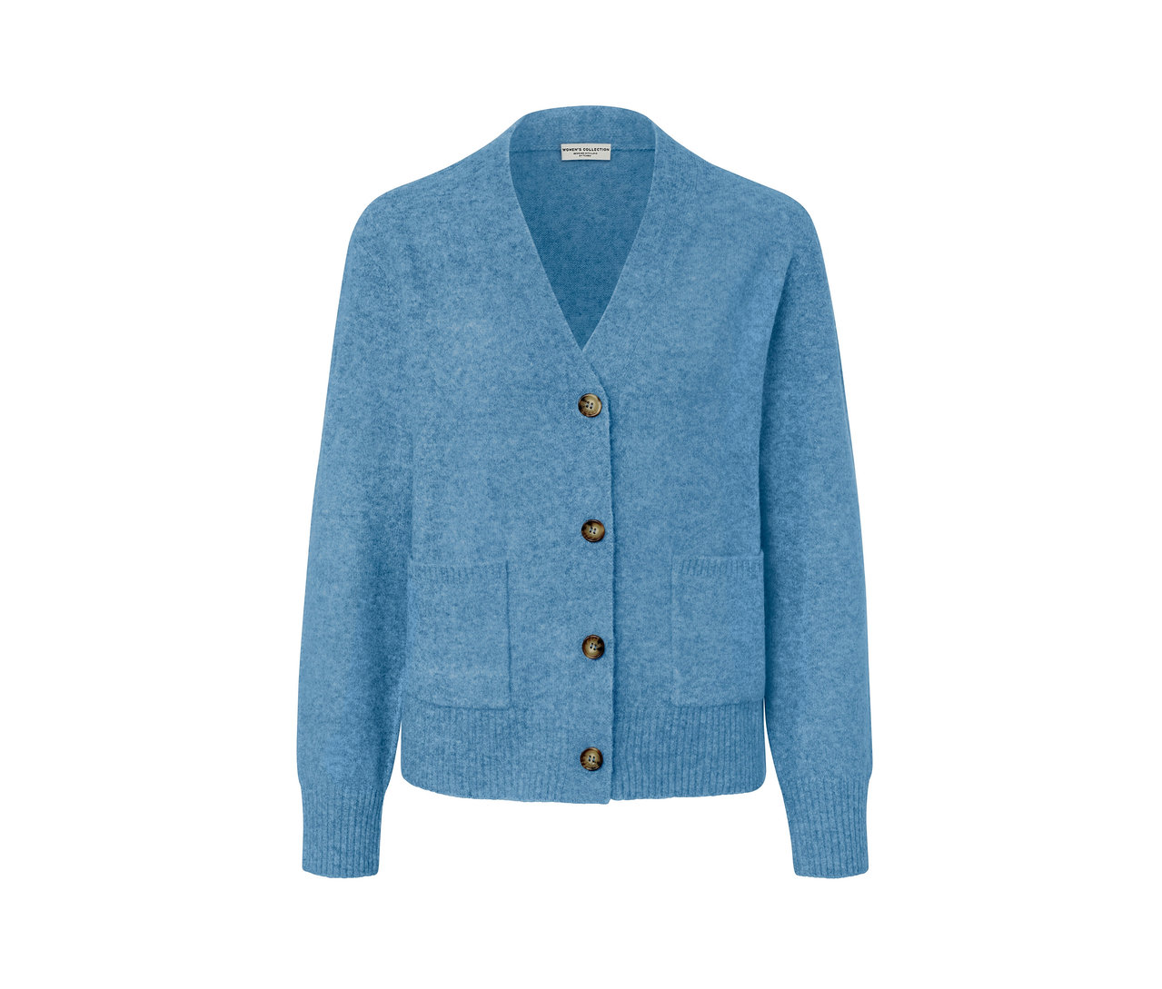 Hellblaue Strickjacke mit Wolle und braunen Knöpfen.