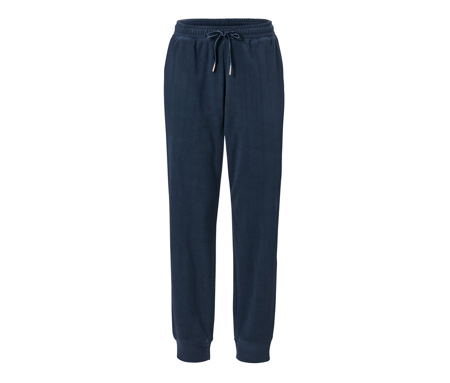 Eine marineblaue Fleece-Loungehose mit Kordelzug in der Taille.