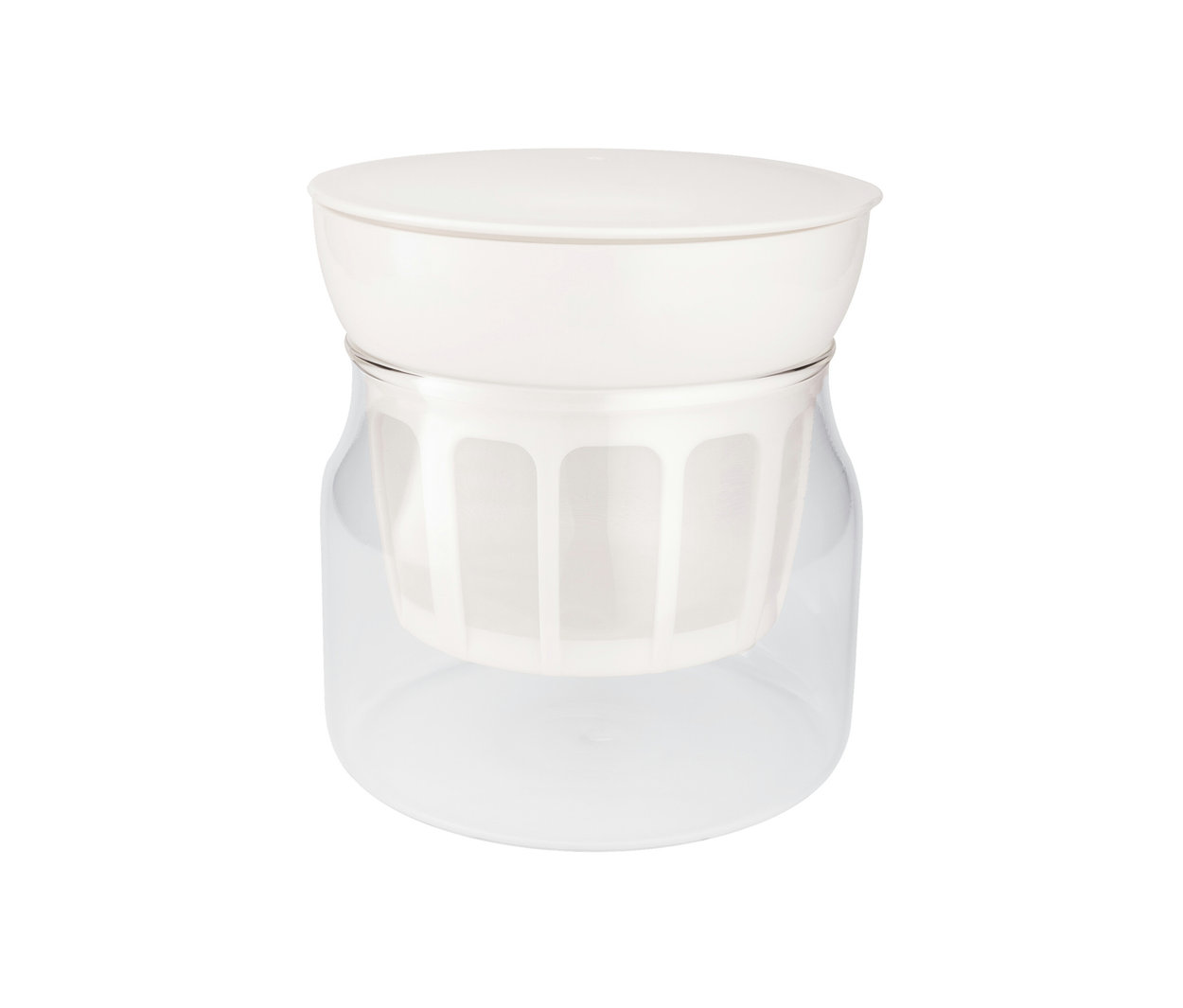 Ein Glasbehälter mit Sieb und weißem Deckel, ein Steba Joghurt-und-Frischkäsebereiter JM4.