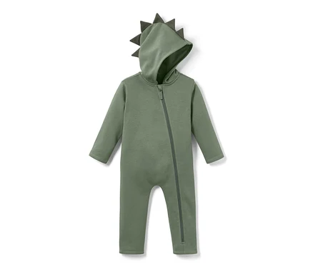 Grüner Kinder-Sweat-Overall mit Dino-Applikation auf der Kapuze.