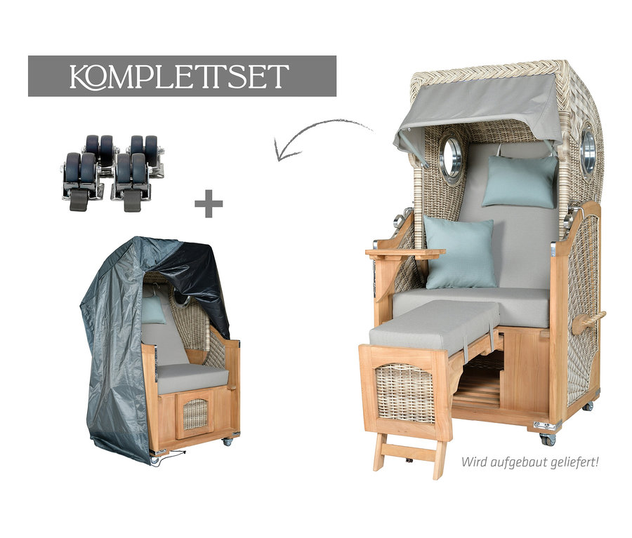 deVries Teak-Strandkorb, 1-Sitzer, mit Rollen und Abdeckung.