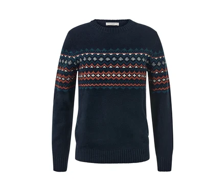 Marineblauer Strickpullover mit geometrischem Muster.