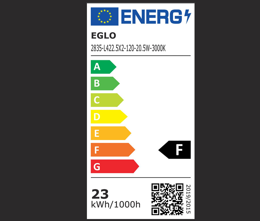 Energielabel für Eglo LED-Deckenleuchte »Fueva 5« mit Energieeffizienzklassen von A bis G.