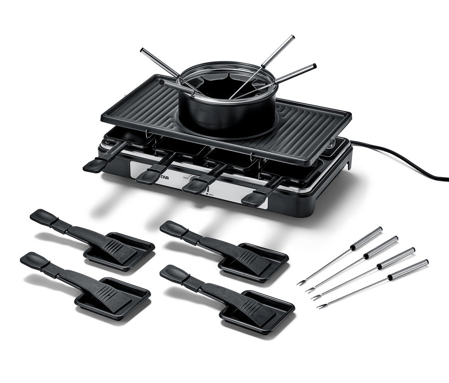 Schwarzer 2-in-1 Raclette- und Fondue-Grill mit vier Spateln und vier Fonduegabeln.