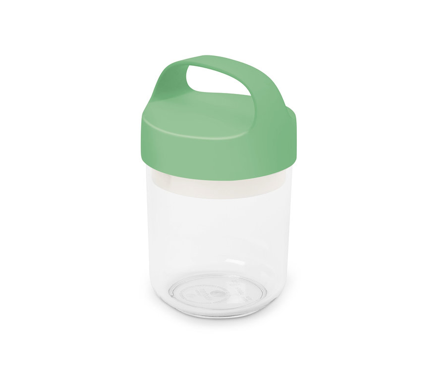 Ein kleiner, durchsichtiger To-Go-Behälter mit Henkel und hellgrünem Deckel.