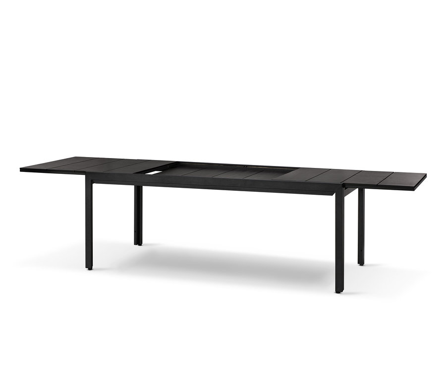 Schwarzer Ausziehtisch aus robustem Duraboard, teilweise ausgezogen.