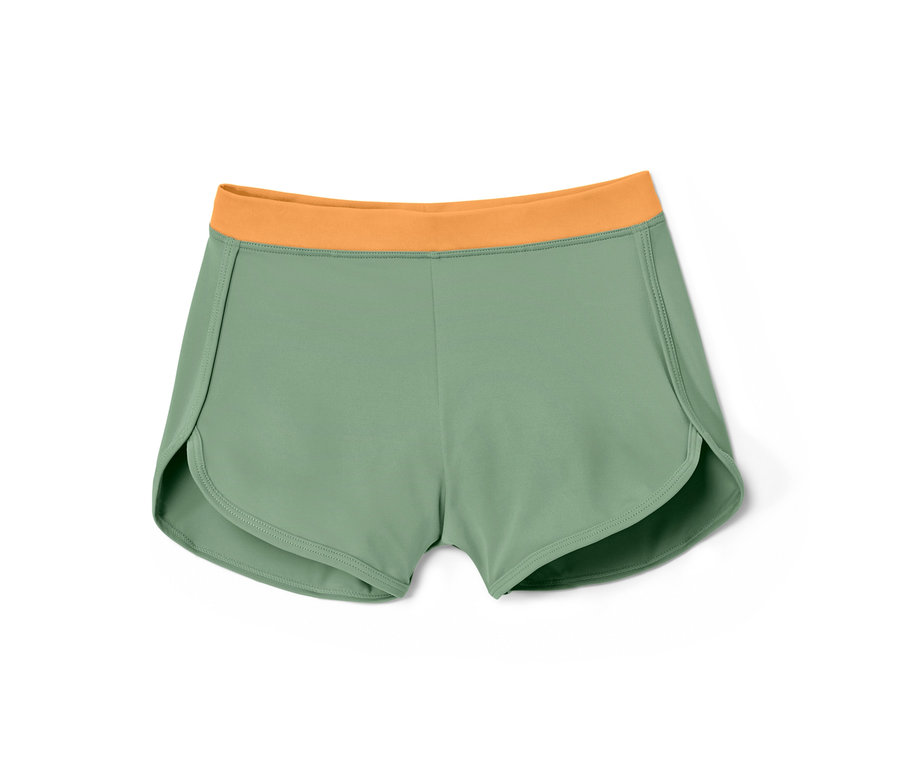 Grüne Kinder-Bikinihose aus dem 3-teiligen Set mit orangefarbenem Bund.